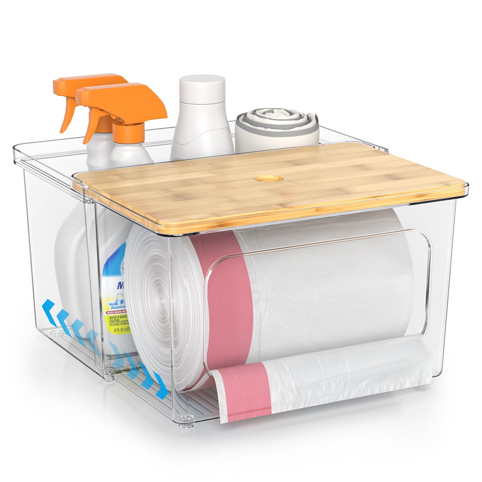 Photo 1 of Tangyinus Trash Bag Dispenser Roll Holder - Clear Garbage Bag Holder Dispenser with Bamboo Lid and Sliding Drawer Box, Trash Bag Holder for Kitchen, Under Sink, Laundry Room Organization and Storage