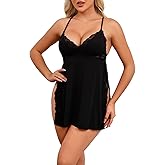 REORIA Women Lingerie Lace Babydoll Strap Chemise Halter Teddy V Neck Sleepwear