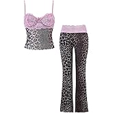 Verdusa Women's 2 Piece Y2k Leopard Outfits Rave Lace Crop Camisole Tops and Flare Pants Party Outfit