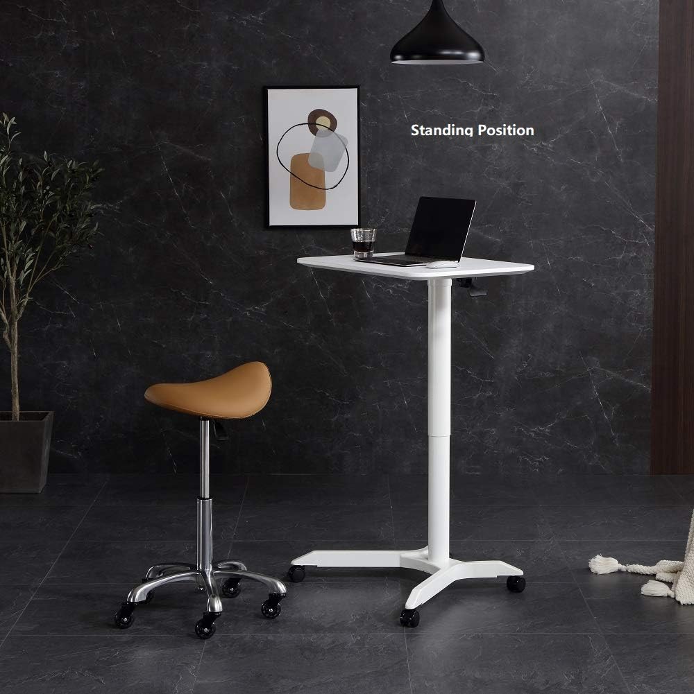FRNIAMC Pneumatic Mobile Laptop Table Standing Desk Height Adjustable Rolling Sit-Stand Computer Cart with Wheels Heavy Duty Tray(White): Kitchen & Dining