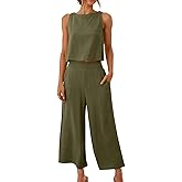 Linen Sets For Women 2 Piece Trendy Sleeveless Crop Top Wide Leg Pants Lounge Summer Outfits Beach Travel Set