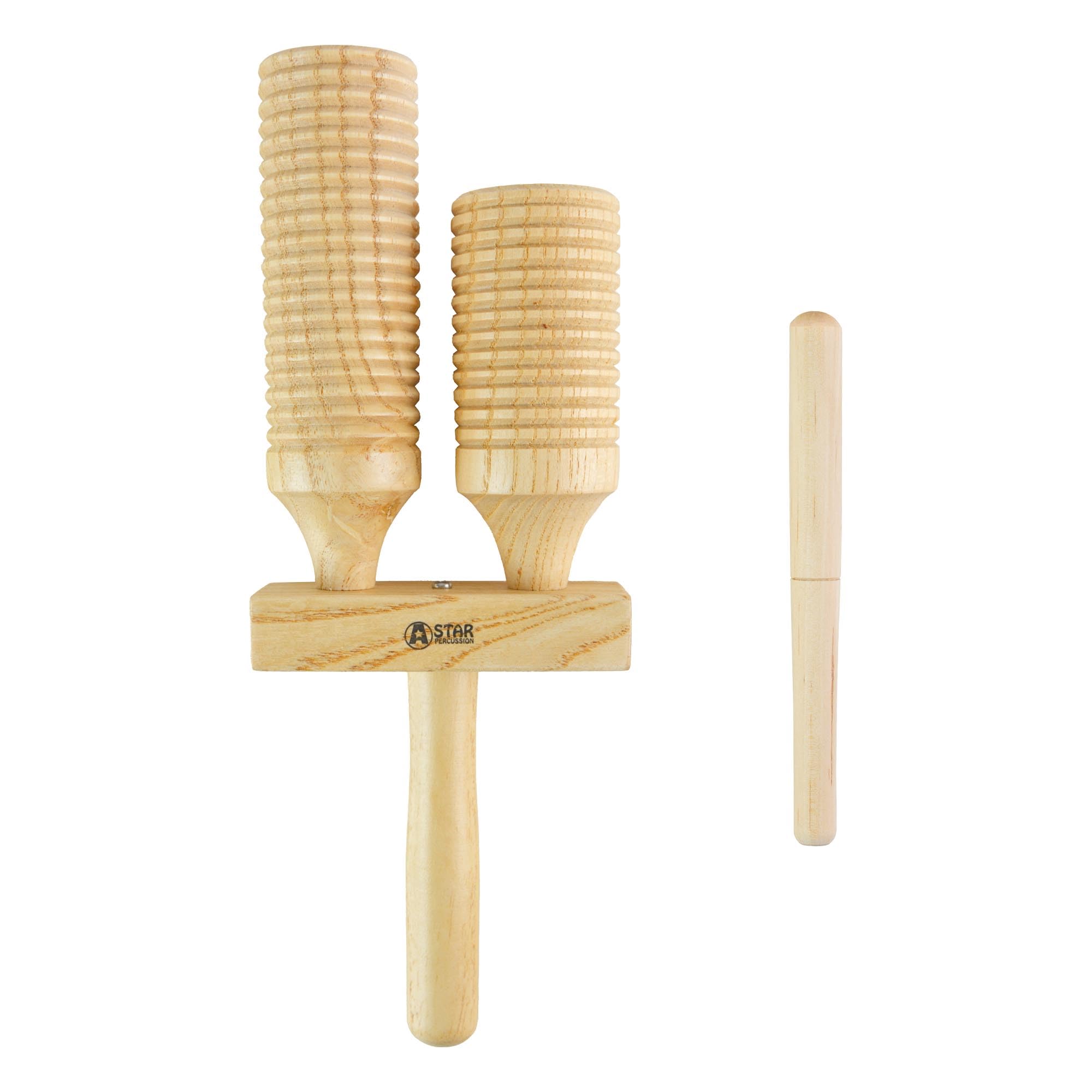 A-Star Two Tone Double Wood Block Agogo Guiro Scraper with Wooden Beater, Percussion Rhythm Block