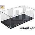 Thickened Clear Acrylic Display Case for Lego 10330 10295 42176 10337 42170 75376 Collectibles, Transparent Box Dustproof Protection with Wood-Plastic Base & String Light, Black Inside 15.7x7.9x7.9in