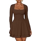 Kaximil Women's Square Neck Ruffle Hem Mini Dress Ruched Waist Long Sleeve Corset Short Party Dresses