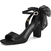 Coutgo Women's Bow Tie Heeled Sandals Chunky Heels One Strap Satin Ankle Buckle Dress Wedding Shoes