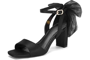 Coutgo Women's Bow Tie Heeled Sandals Chunky Heels One Strap Satin Ankle Buckle Dress Wedding Shoes