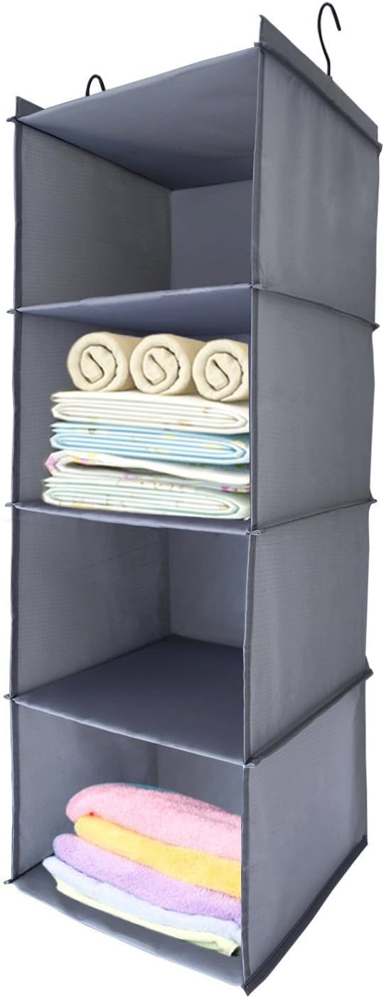BabyCola 4-Shelf Hanging Closet Organizer, Foldable Hanging Closet Wardrobe Storage Shelves， Sweater & Handbag Organizer, Shoes Accessories Storage,Oxford Cloth Fabric,Easy Mount Durable(Gray)