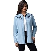 FASHIONSPARK Women’s Denim Shirt Long Sleeve Embroidered Western Button Down Jean Blouse Casual Lightweight Tops