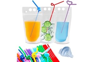 TOPHOUSE 100pcs Drink Pouches for Adults Heavy Duty Hand-Held Translucent Reusable Juice Pouches Smoothie Pouches with 100 Drink Straws Adult Party Favors
