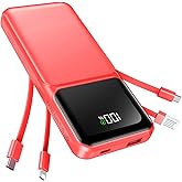 RONEGN Portable Charger with Built in Cable -20000mAh Fast Charging Power Bank USB C Slim 22.5W LED Display Battery Pack 5 Outputs & 3 Inputs for Travel Essentials iPhone Samsung Phones Red