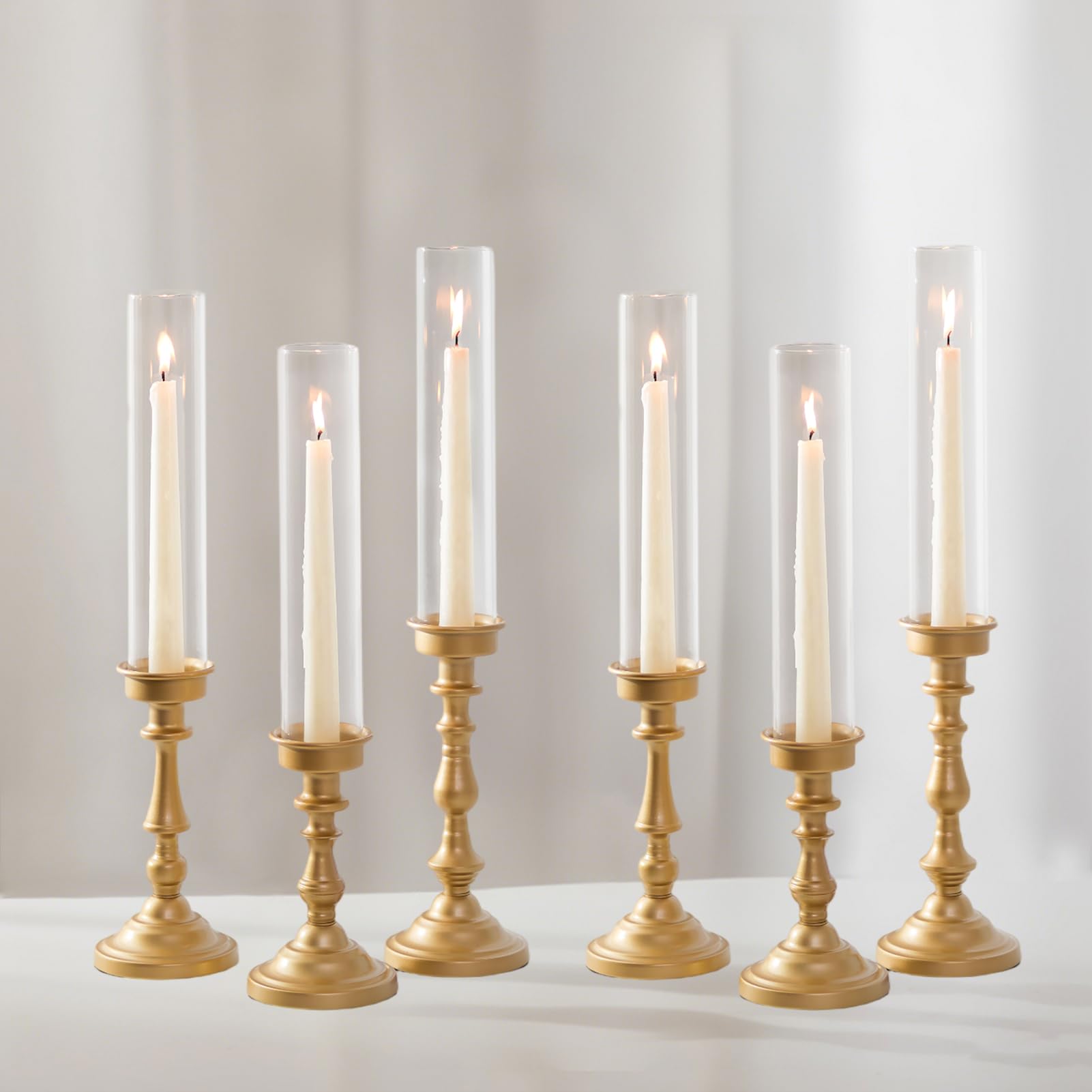 NUPTIO Gold Candlestick Holders Bulk: Set of 6 Tall Hurricane Glass ...