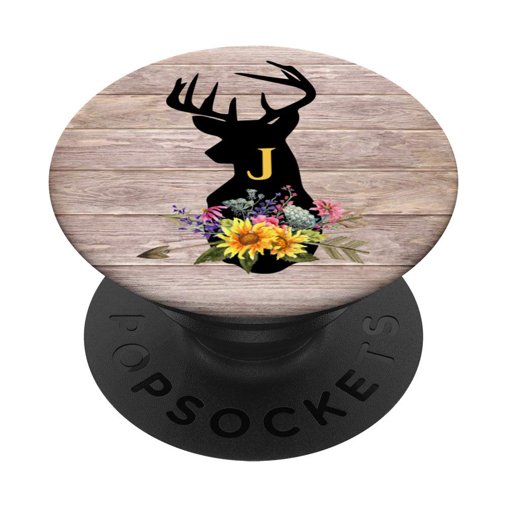 Monogram Initial J With Deer Head Sunflowers and Wildflowers PopSockets PopGrip: Swappable Grip for Phones & Tablets