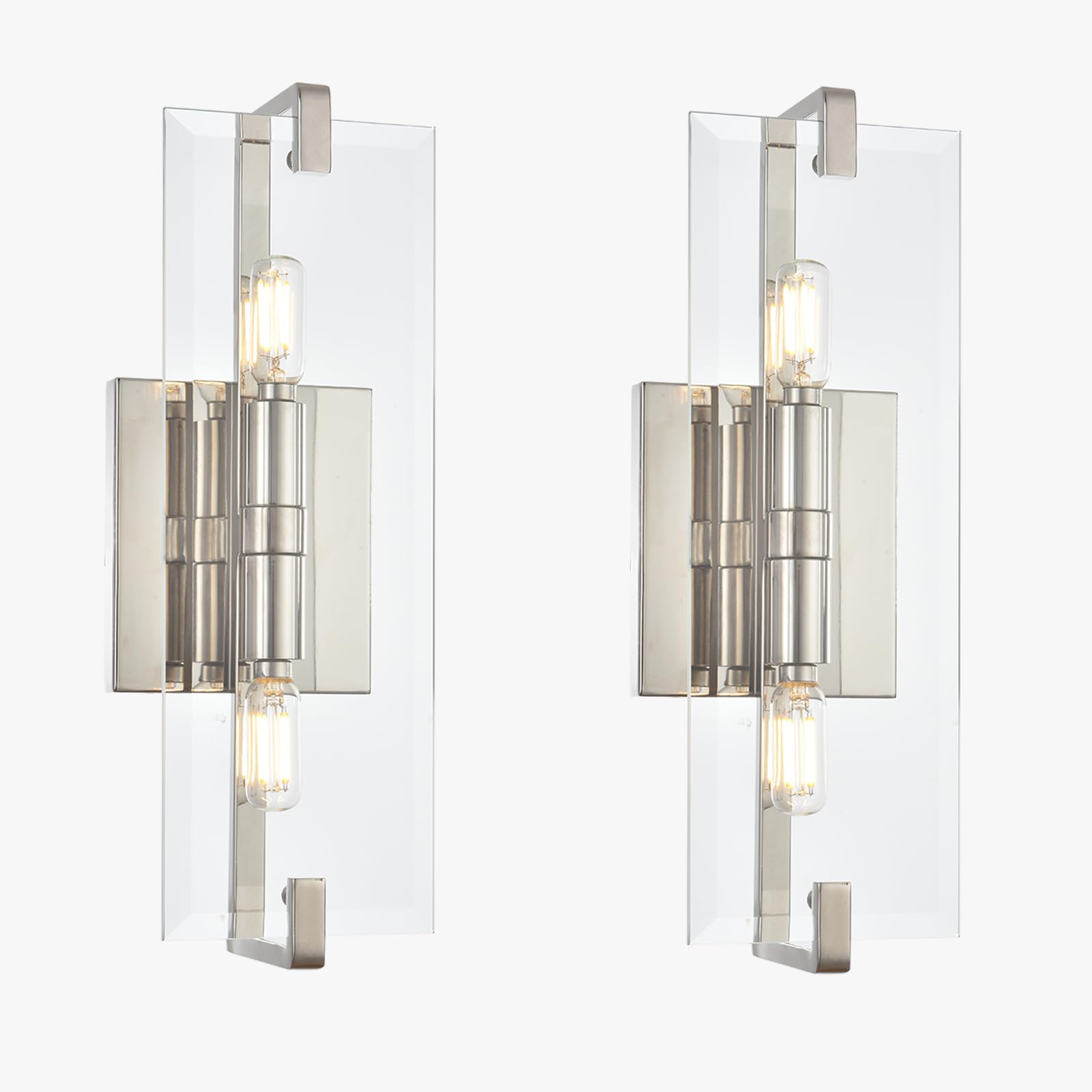 Photo 1 of A1A9 Modern Wall Sconces Set of 2, Polished Nickel Bathroom Vanity Light Fixture with Glass Panel Lampshade, 2-Light Dimmable Hardwired Wall Lights for Mirror Hallway Living Room Bedroom (Nickel)