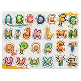 ROBOTIME Wooden Alphabet Peg Puzzle Board Easy-Hold Jigsaw Puzzle Toy ABC Best Birthday Gifts for Toddler Boy & Girl