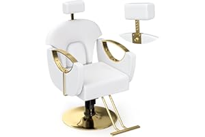 CHARMMADE Salon Chair for Hair Stylist Reclining Hydraulic Height Adjustable Barber Chair 360°Swivel Comfortable Recliner Styling Chair, Unique Headrest Design, White and Gold