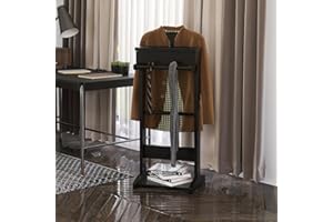 RELAHOGAR Wooden Valet Stand for Men, Clothing Rack with Top Tray Organizer, Shoe Shelf for Entryway, Bedroom, Office