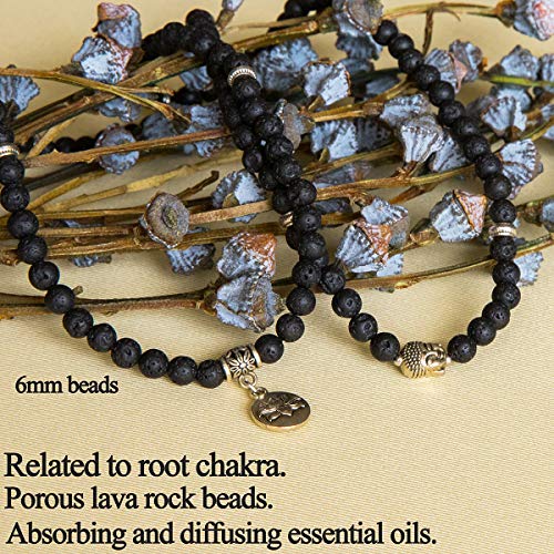 Bivei Mala Beads Bracelet, Natural Gemstone Prayer Beads Lutos Charm 108 Mala Beads Meditation Necklace-Lava Rock Stone
