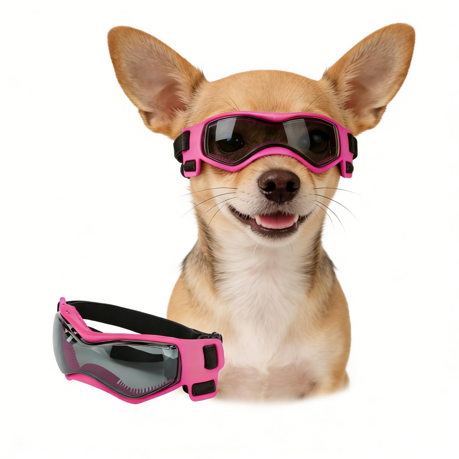 Enjoying Dog Goggles for Small Dogs, UV Protection Dog Sunglasses Small, Outdoor Doggies Eye Protection, Windproof Dustproof, Adjustable Head & Chin Straps, Cool Pink