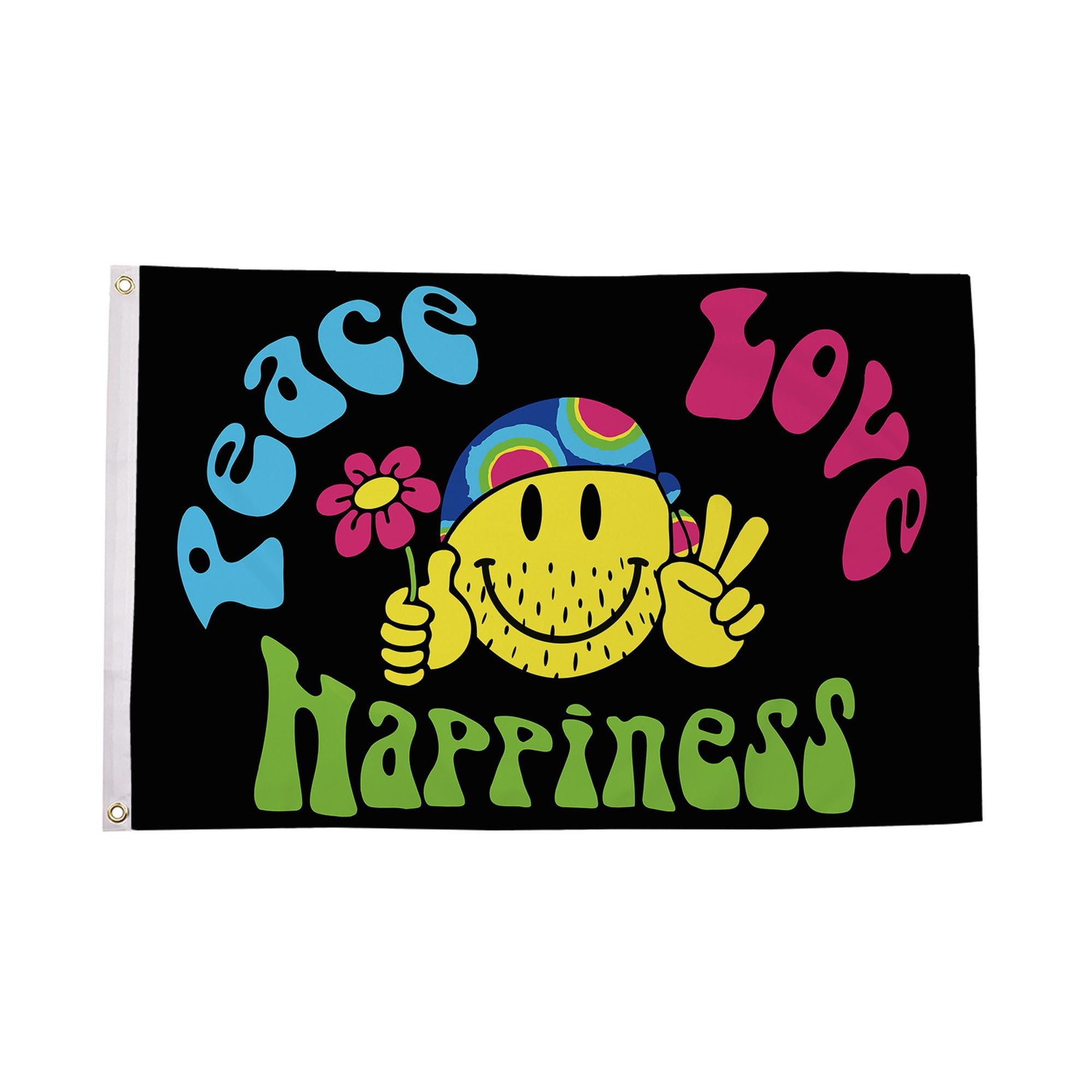 Flagtex Peace Love and Happiness Flag 3ft x 2ft Small Flag 90cm x 60cm | Premium Woven Polyester with Brass Eyelets | Indoor Outdoor Garden Decoration Wall Hanging | Novelty Festival Banner
