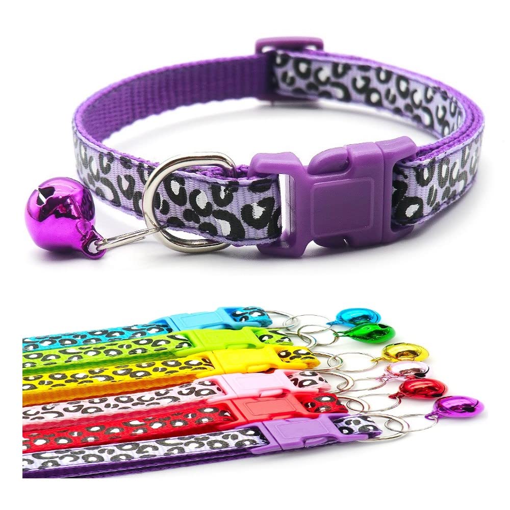 Small Dog Puppy Pet Collar Leopard Animal Print Design with Bell Nylon Adjustable Size 19-32cm Purple