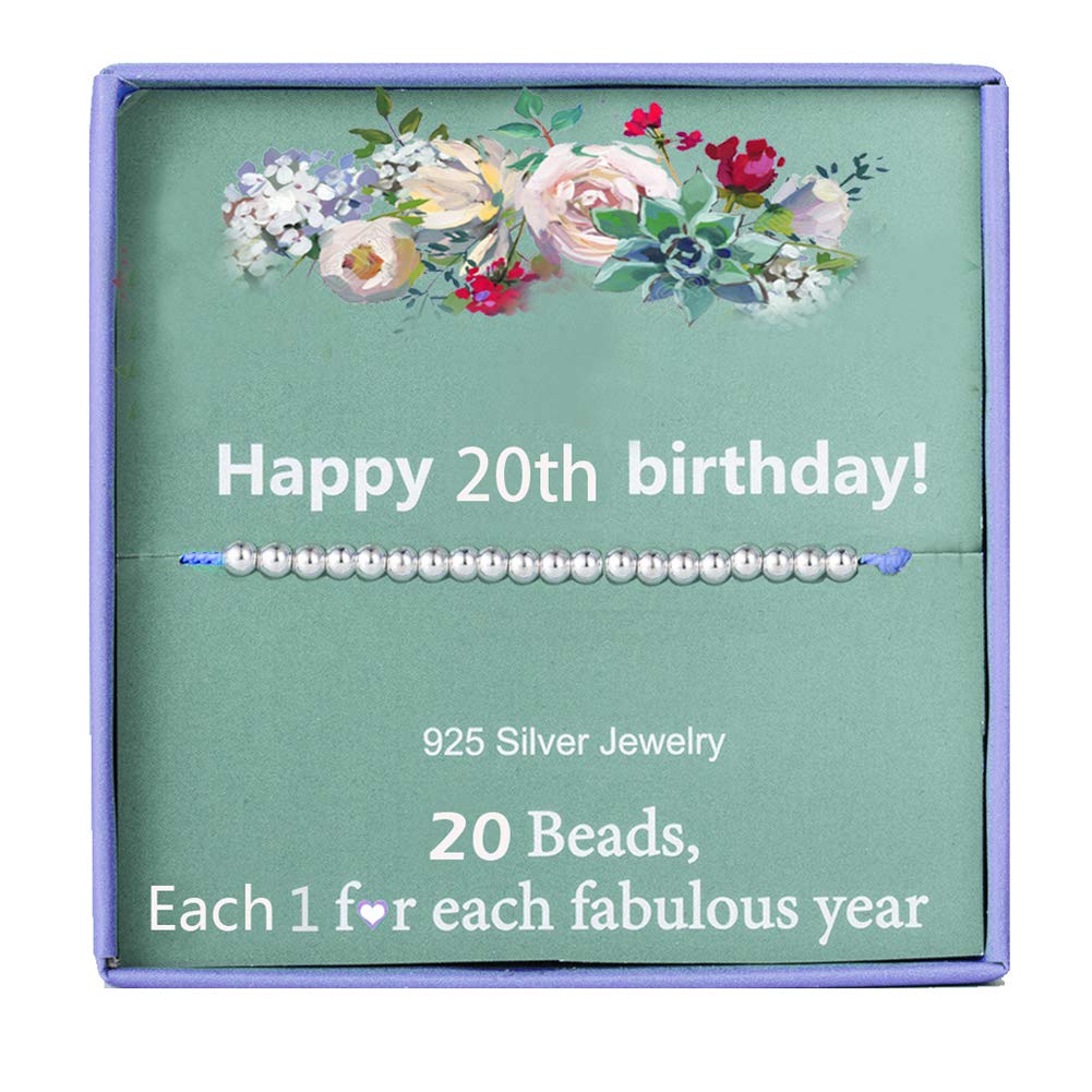Birthday Gifts for 20th Women Silver Beads bracelet for 20 Year Old Girls Jewellery Gift cards Idea