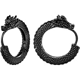 INBLUE Dragon Skull Earrings for Men Women Stainless Steel Stud/Huggie Hoop Earrings Men 18K Gold Plated/Black/Silver Lightweight Cool Punk Gothic Jewelry Gifts