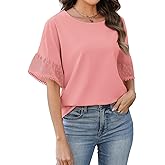 Womens Summer Tops Casual Crew Neck T Shirts Swiss Dot Bell Sleeve Tops Loose Fit Chiffon Blouses Vacation Outfits