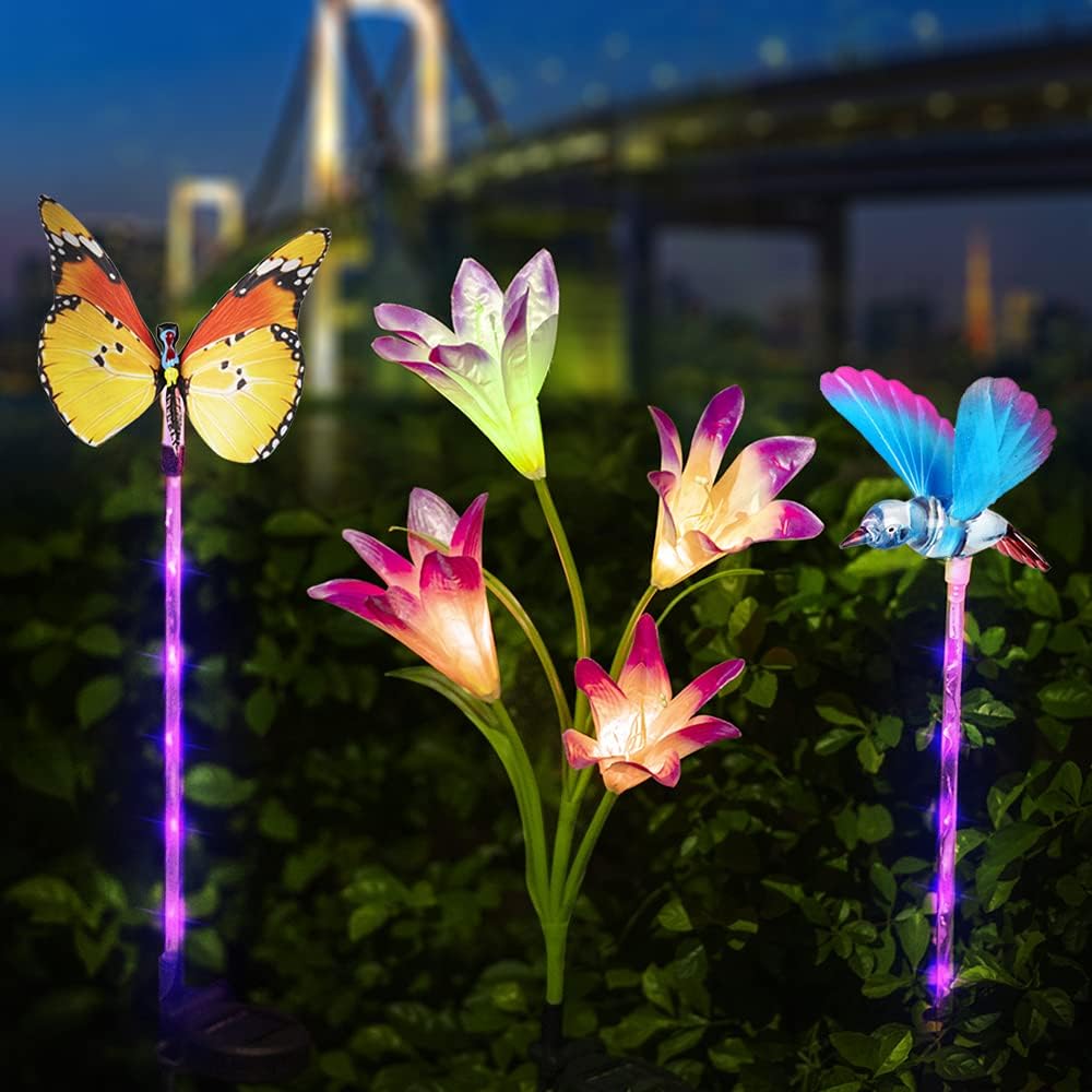 LuxKazsazzi Solar Lights Ourdoor Decorative, Auto Color Changing, 3 Pack Lily Flower, Butterfly & Bird, Dusk to Dawn Solar Flower Lights Outdoor, Rechagerable Solar Garden Lights Multicolor
