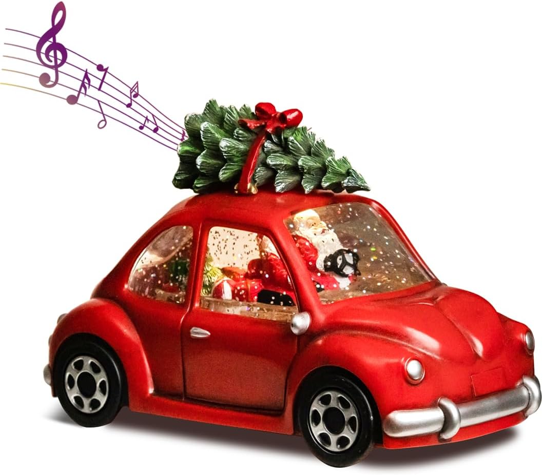 Snow Globes - GOOSH Christmas Snow Globe Lantern Musical Decoration with Battery Operated LED Water Glittering Music Playing with 6H TimerChristmas Home Décor (Car)