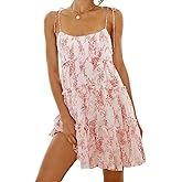 Gihuo Womens Floral Mini Dress Boho Flowy Skater Spaghetti Strap Ruffle Sleeveless Beach Dress 2024 Summer Sundresses