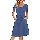 AUSELILY Women's Short Sleeve Empire Waist Dress Pleated Loose Swing Knee Length Dresses with Pockets 2025 New