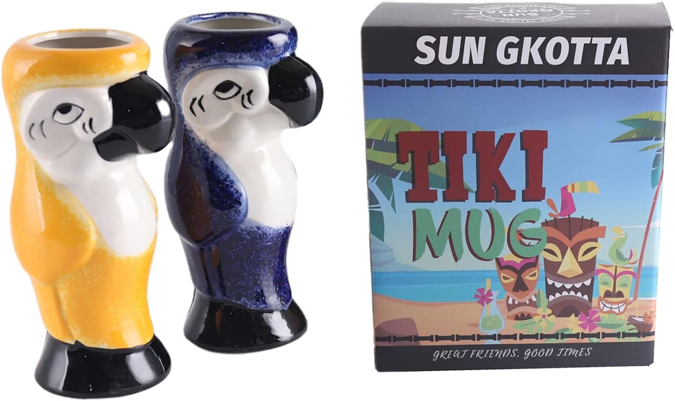 SUN GKOTTA Tiki Mugs Cocktail Set of 2 - Large Ceramic Hawaiian Party Mugs Drinkware, Cute Cocktail Glasses, Tiki Bar Professional Barware