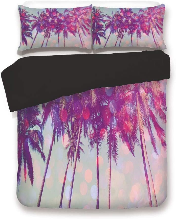 Black 3pc Bedding Set,Palm Trees Hawaiian Tropic Seashore Beach Californian Miami Sunbeams Image Full Size Duvet Cover Set,Printed Comforter Cover with 2 Pillowcases for Teens Boys Man
