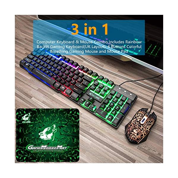 UK-Layout-Keyboard-and-Mouse-Set-104-Keys-Rainbow-Backlit-QWERTY-Keyboard-2400-DPI-4-Buttons-Breathing-Mice-MousePad-USB-Wired-Compatible-with-PC-Windows-Mac-PS4-XBox-Black Gaming Keyboard and Mouse Set, 104 Keys UK Layout QWERTY Rainbow Backlit Keyboard, 2400 DPI 4 Buttons Colorful Mice…