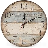 LOHAS Home 12 Inch Silent Vintage Design Wooden Round Wall Clock, Arabic Numerals,Vintage Rustic Shabby Chic Style,Blue and Brown Multi Bars,Wooden Round Home Decoration Wall Clock(Victor Hugo)