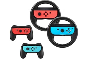 Beastron Racing Games Steering Wheel & Grips compatible with Switch, Joy-Con Steering Wheel & Grips, Black 4 Pack