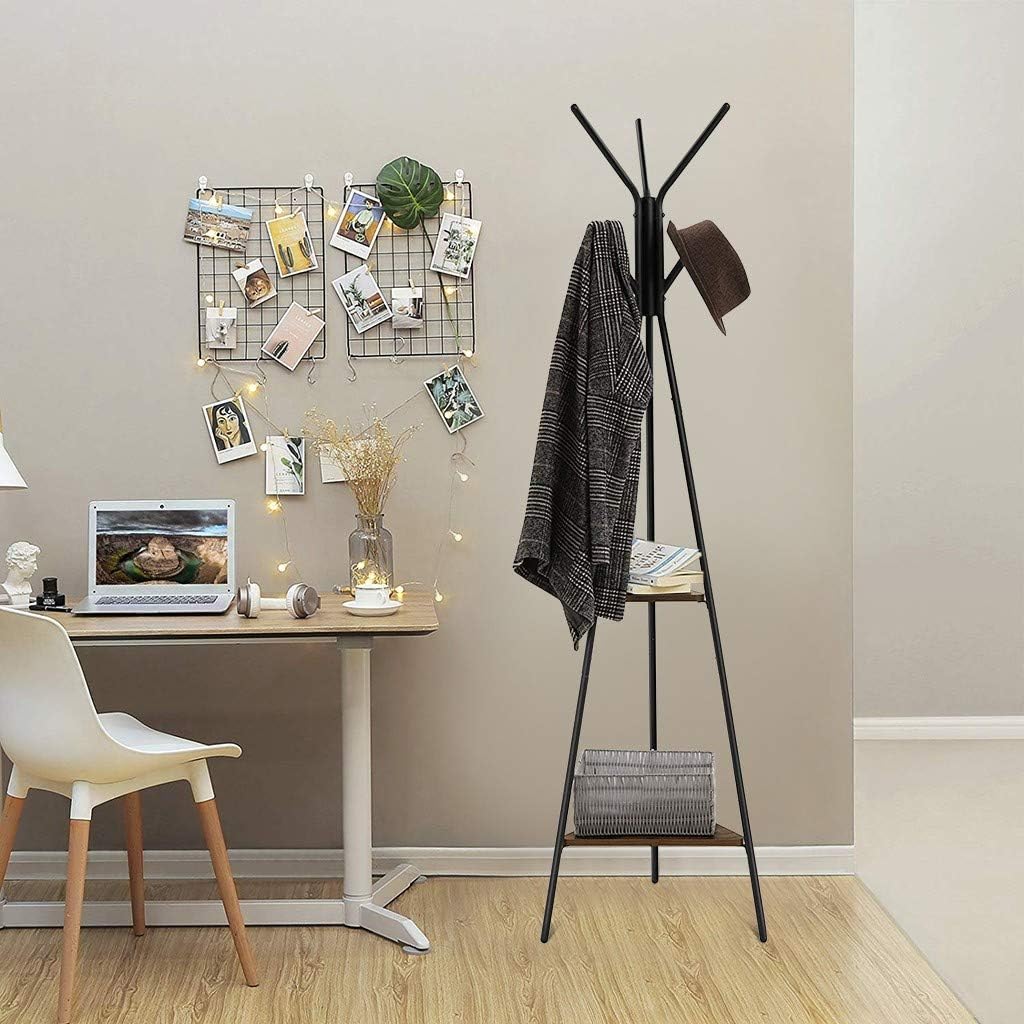 huaquyuedu Metal Free Standing Simple Coat Rack Stand, European Retro Style Fashion Coat Tree with 2 Shelves, Easy to Assemble Coat Hanger Stand for Bedroom, Office, Hallway, Entryway, Bedroom
