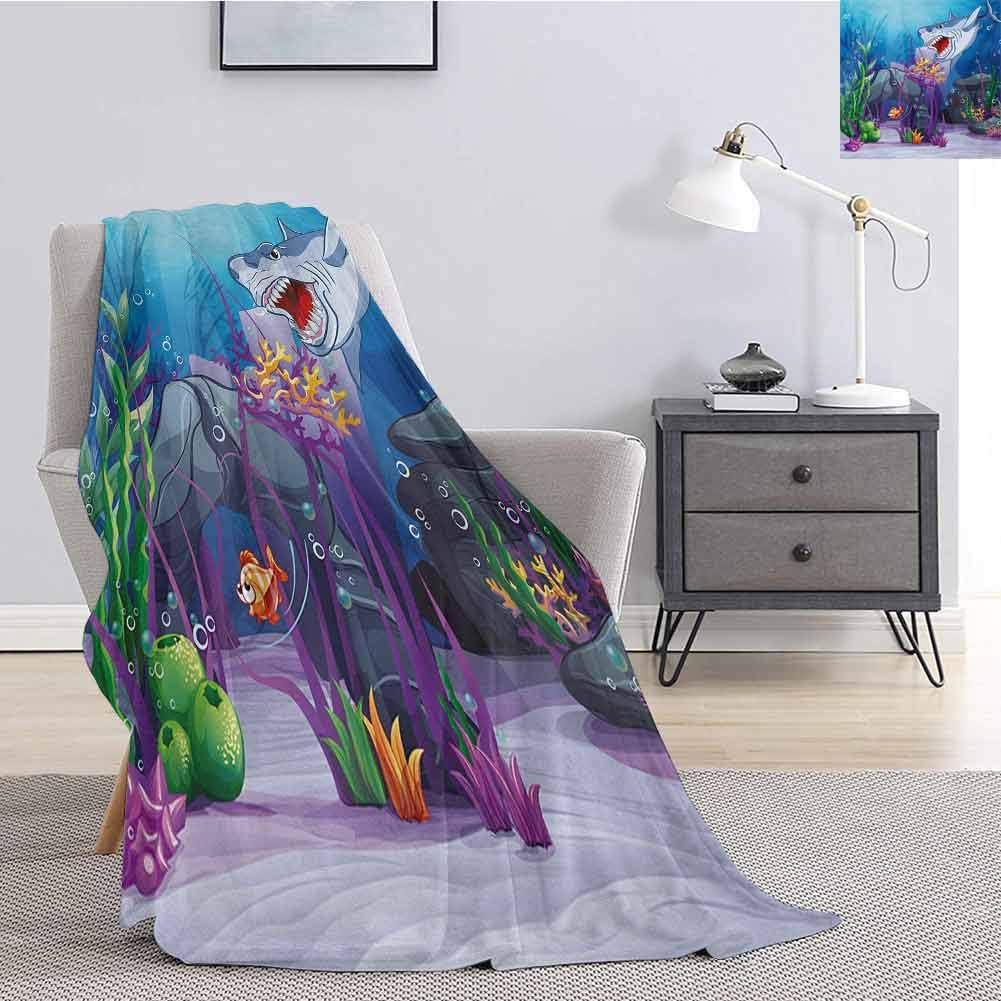 Luoiaax Ocean Plush Blanket for Bed Couch Cartoon Style Underwater World Plants and Evil Shark Chasing Little Fish Illustration Queen Size Blanket Soft Warm W54 x L72 Inch Multicolor