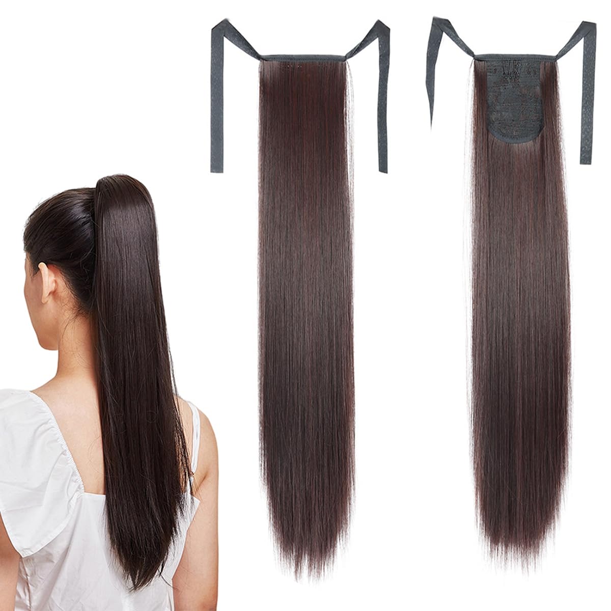 prinfantasy Straight Ponytail Extensions Long Wrap-around Pony Tail Synthetic Clip-on women鈥檚 wig Dark Brown Hairpiece 22 Inch,GBMW047