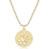 MYEARS Women Birth Flower Necklace Gold Butterfly Coin Disc Pendant Cubic Zirconia 14K Simple Dainty Beaded Chain Everyday Trendy Jewelry - 12 Months