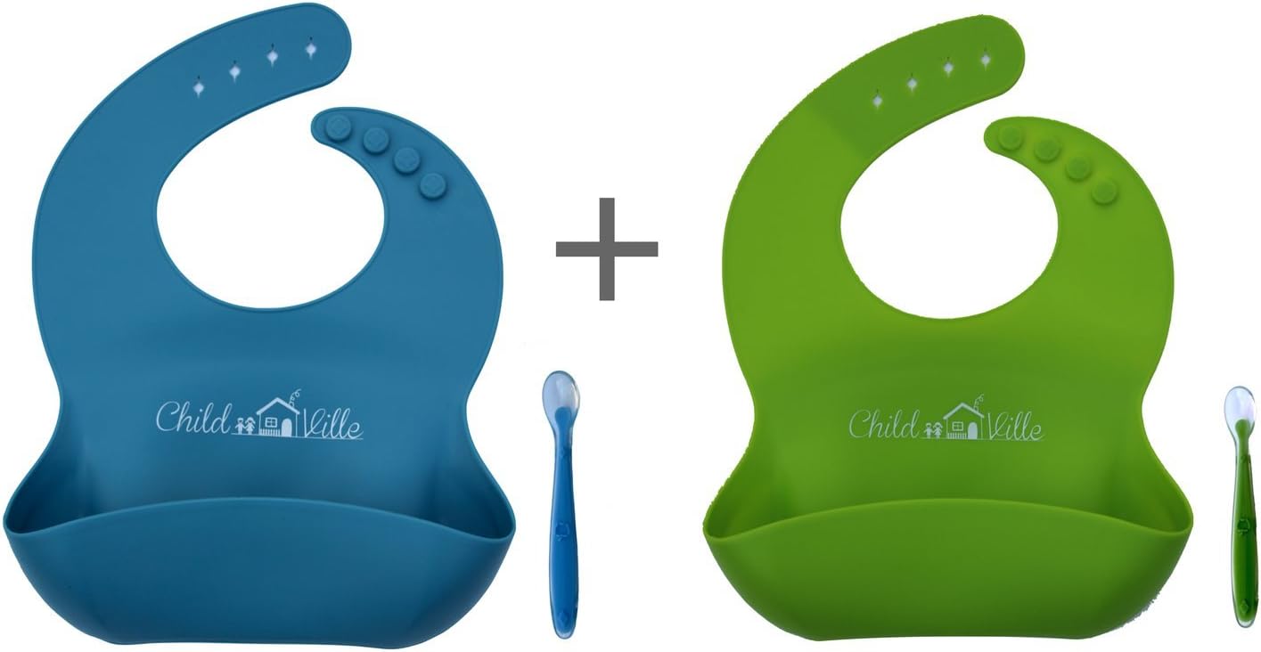 Waterproof Silicone Baby Food Bibs With Food Catcher Pocket - Pack 2 Bibs + 2 Spoons (Green / Blue)