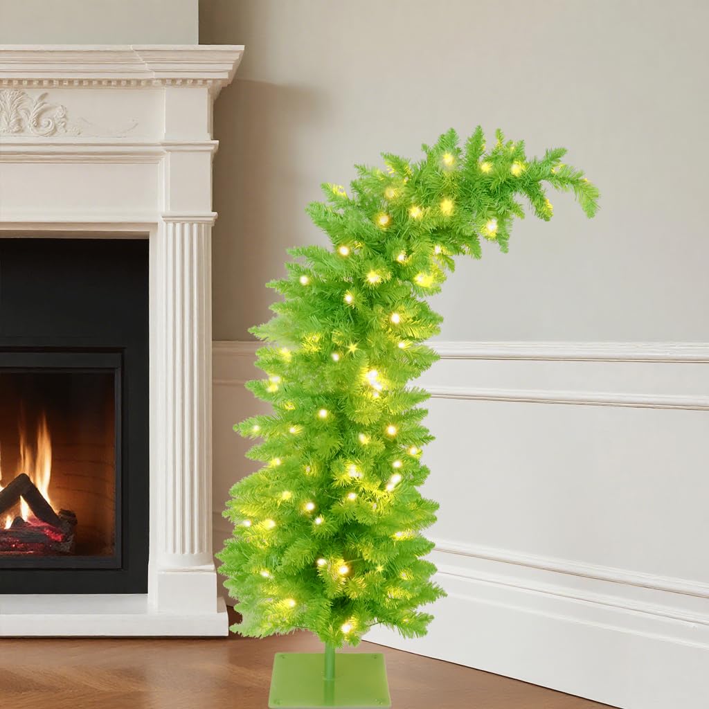 5FT Whimsical Christmas Tree Prelit Curved Shape Artificial Pencil Xmas Tree with Metal Base for Indoor Home Decor Image