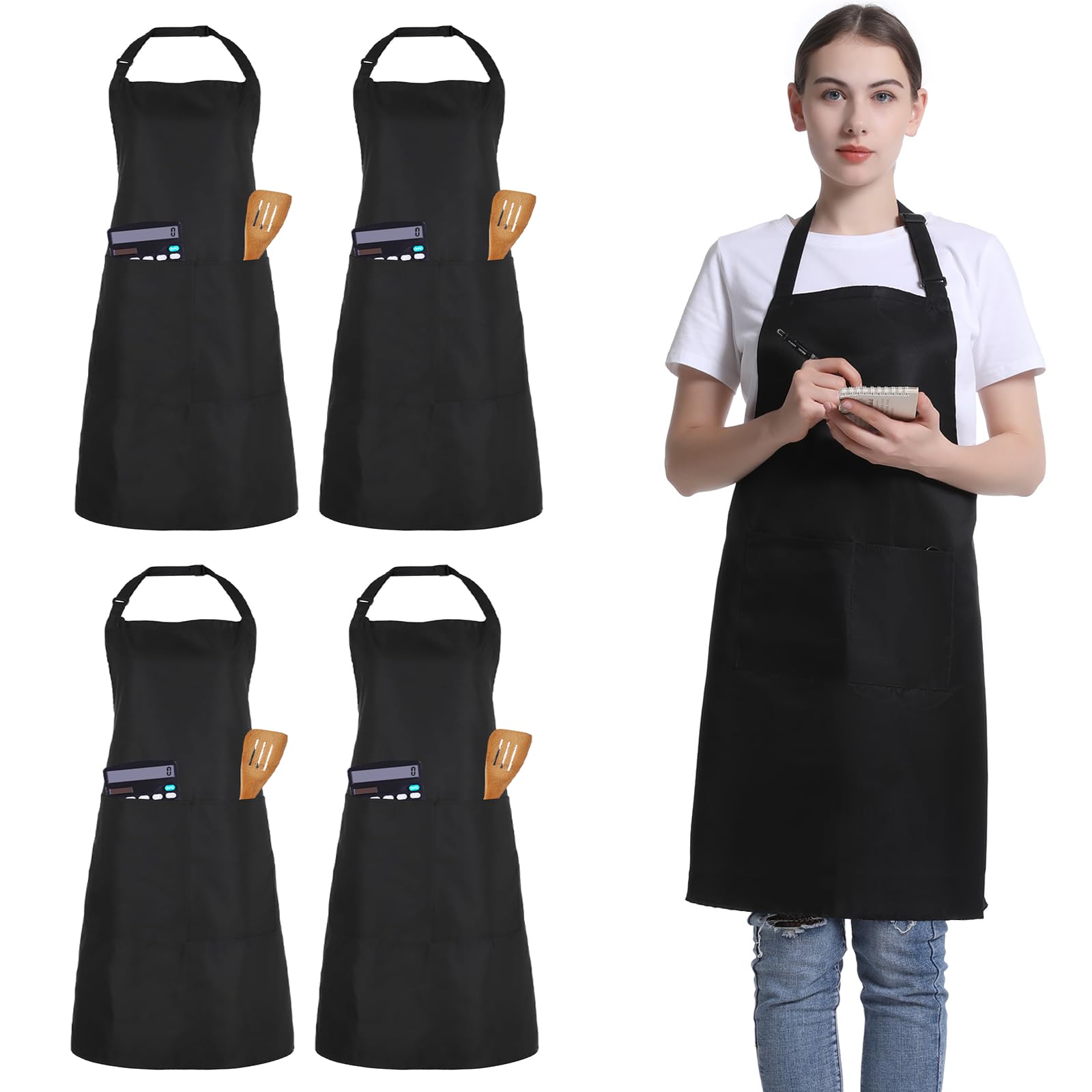FunChaos 4 Packs Unisex Black Chef Apron, Waterproof Adjustable Aprons with 2 Pockets, Men Women Personalised Apron for Cooking, Kitchen, Gardening, Restaurant, Coffee House
