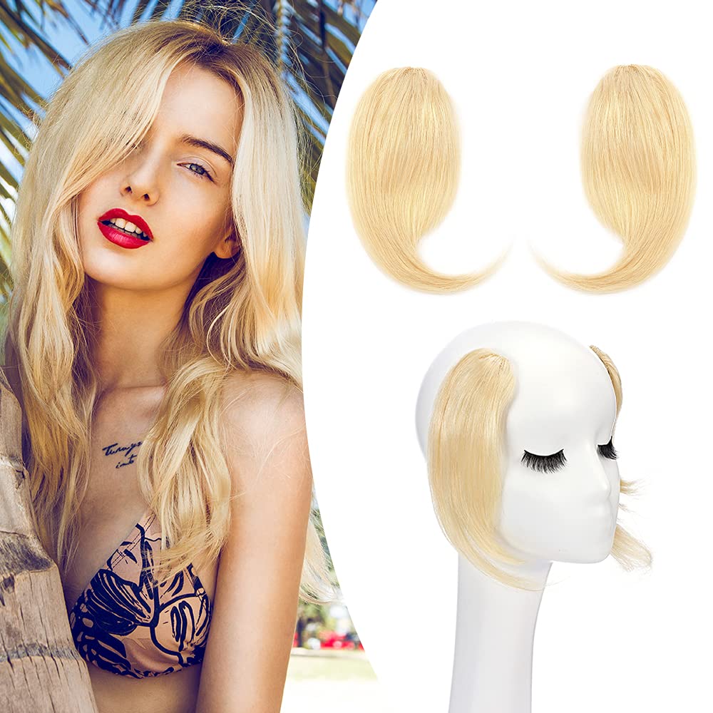 SEGO 2PCS Clip in Fringe Human Hair French Style Side Bangs [#613 Bleach Blonde] Real Remy Hair Pieces for Women Straight Clip-on Fringe (16g)
