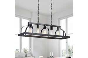 WUZUPS 5-Light Metal Chandelier Linear Pendant Ceiling Lighting Rustic Farmhouse Fixture Kitchen Island Dining Room, H 8.5" L 31.5" W10, E26 Base, Black