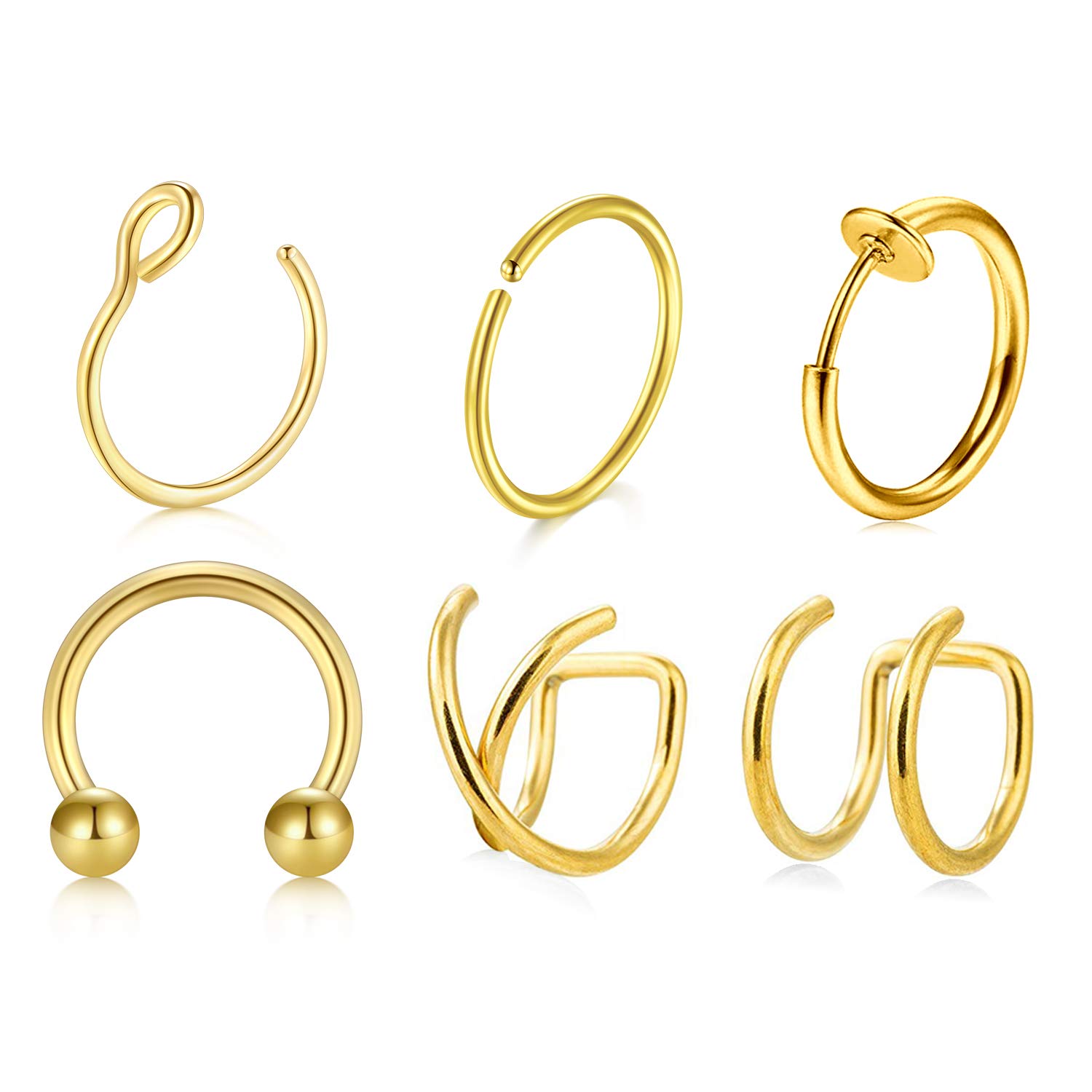 Longita 6 Styles Ear Cuff Set Stainless Steel Non Piercing Clip on Ear Ring Fake Helix Cartilage Earrings for Men Women