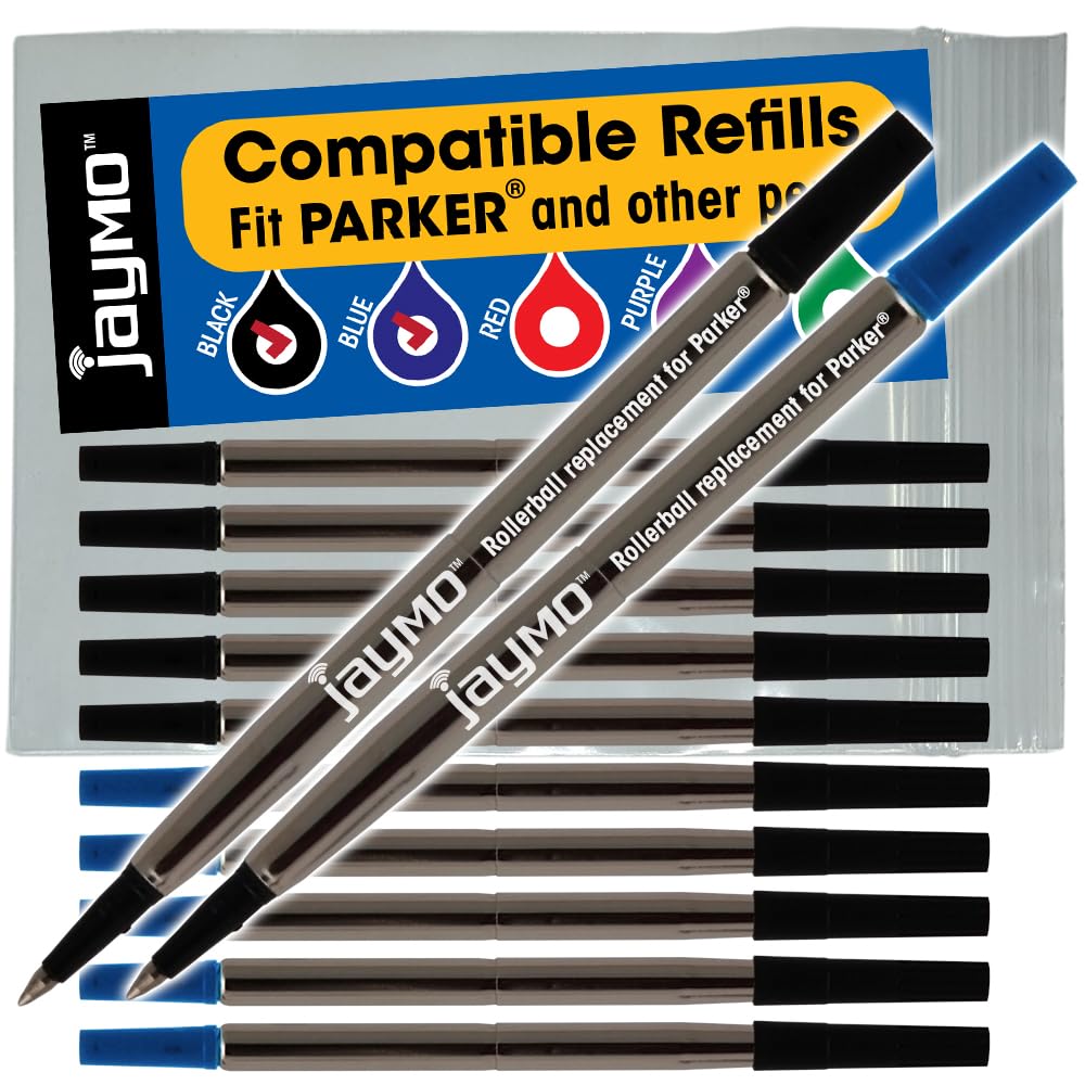 Jaymo Replacement for Parker Quink 1950323/1950324 - Measures 4.56 in / 116 mm Long - Rollerball Pen Refill - 6 Black + 6 Blue