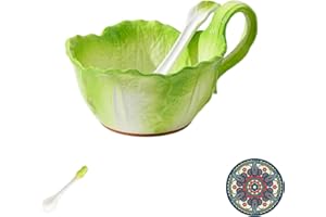 Green Cabbage Leaf Ceramic Bowl, Nesting Soup & Salad Bowls with Easy-Grip Handle, Heat-Resistant for Pasta,Fruit (Green,1pcs
