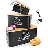 Dekosilave Kitchen Vegetable Storage Set of 3, Metal Onion Garlic Potato Storage Set, Kitchen Canisters Vegetable Keeper Containers with Aerating Holes and Bamboo Lid,Black