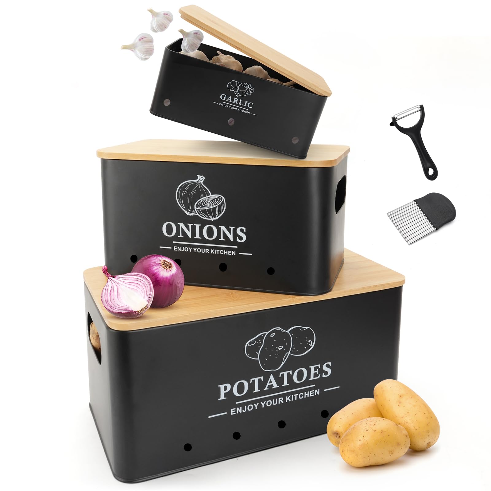 Photo 1 of Dekosilave Kitchen Vegetable Storage Set of 3, Metal Onion Garlic Potato Storage Set, Kitchen Canisters Vegetable Keeper Containers with Aerating Holes and Wooden Lid (Black)